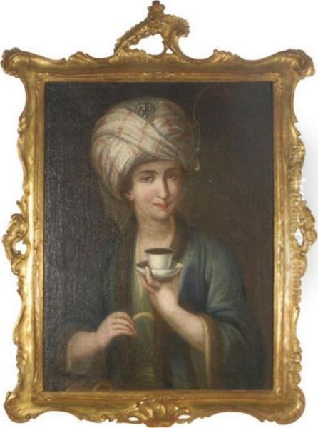 A Beauty With Turban Holding A Demi-tasse Oil Painting by Pietro Antonio Rotari