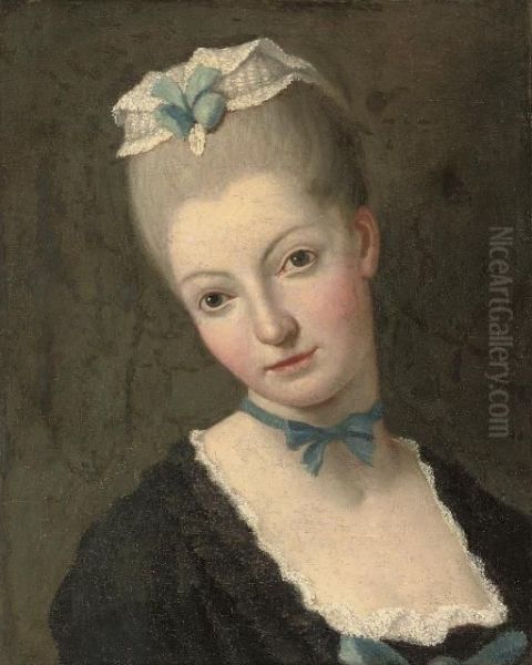 Portrait Of A Woman, Bust-length, In A Black Dress With A Blue Ribbon Oil Painting by Pietro Antonio Rotari