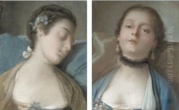 Portrait Of A Sleeping Girl, 
Head And Shoulders, Wearing A Pink Dress; Portrait Of A Girl, Head And 
Shoulders, Wearing Blue Dress And A Lace Choker Oil Painting by Pietro Antonio Rotari