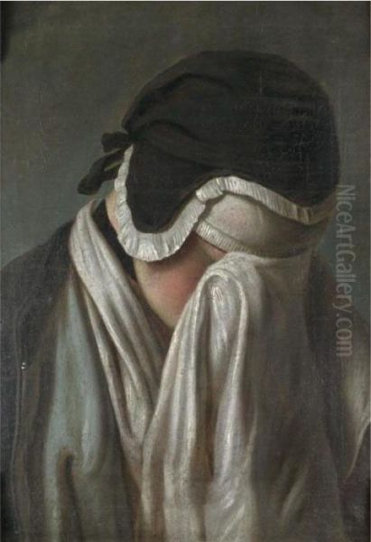 Portrait Of A Young Girl, Head And Shoulders, Hiding Her Eyes Oil Painting by Pietro Antonio Rotari