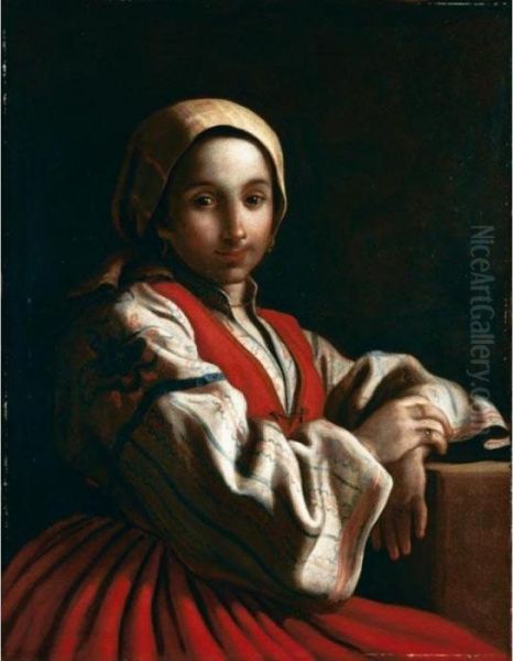 Ritratto Di Fanciulla Con Corpetto E Gonna Rossi Oil Painting by Pietro Antonio Rotari