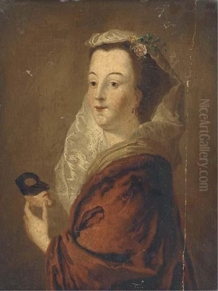 Portrait Of A Lady, Bust-length Holding A Mask; And Portrait Of Alady In A Tricorn Hat Oil Painting by Pietro Antonio Rotari