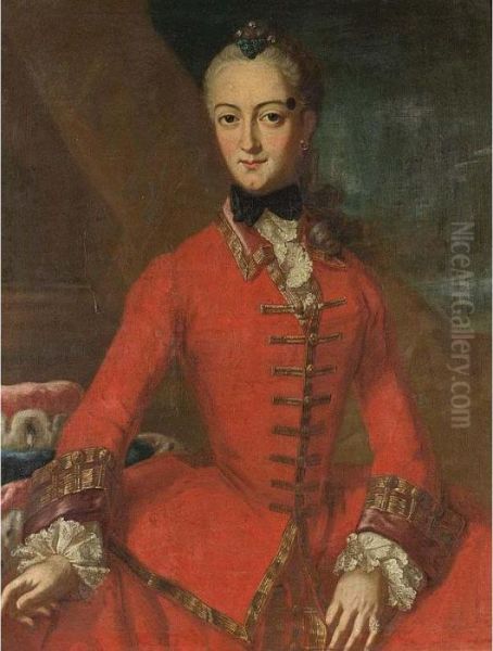 A Portrait Of A Noblewoman, 
Three-quarter Length, Wearing A Red Dress With Lace Sleeves And Collar Oil Painting by Pietro Antonio Rotari