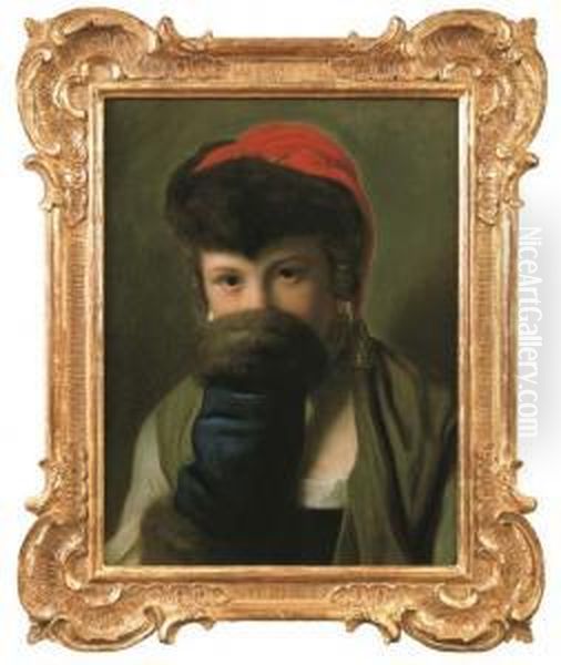 A Young Girl Hiding Behind A Muff Oil Painting by Pietro Antonio Rotari