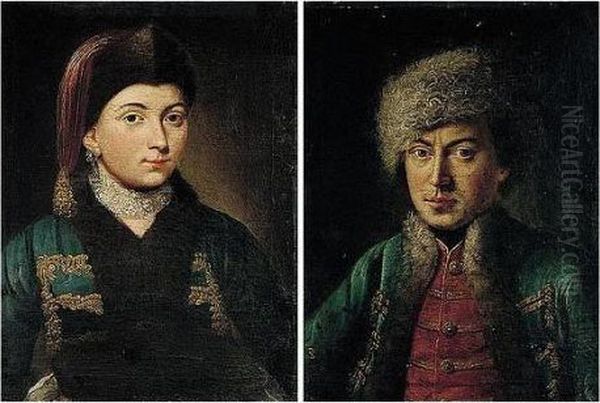 Portraits Of A Gentleman And A 
Lady, Half Lengths, He Wearing A Blue Coat And Fur Hat, She A Blue Coat 
With Gold Braid And A Fur Hat Oil Painting by Pietro Antonio Rotari