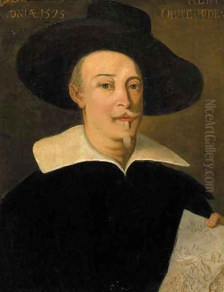 Portrait of a gentleman, half-length, wearing a hat, holding a drawing Oil Painting by Anthonis Mor Van Dashorst