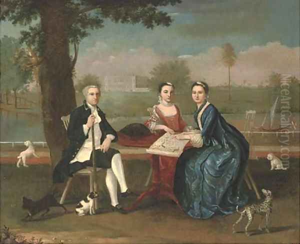 Group portrait of a naval officer and two ladies Oil Painting by Arthur Devis