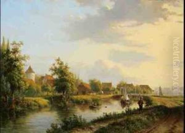 Kanallandschaft Mit Zugbrucke Und Hausern Oil Painting by Georg Andries Roth