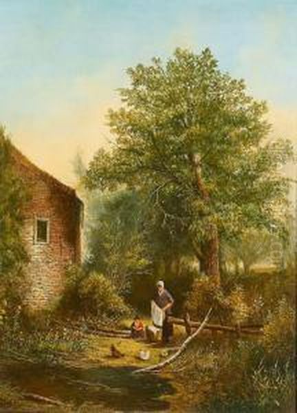 Landschaft Mit Frau Und Kind Vor Einem Haus. Oil Painting by Georg Andries Roth