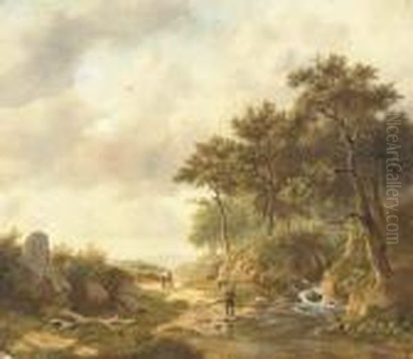 A Summer Landscape With Figures By A Stream Oil Painting by Georg Andries Roth