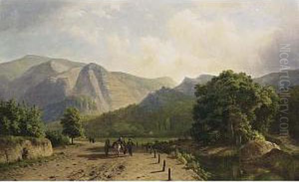 A Mountainous Landscape With Travellers On A Path Oil Painting by Georg Andries Roth