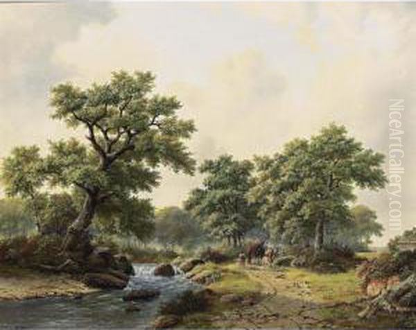 A Summer Landscape With Travellers On A Path Oil Painting by Georg Andries Roth