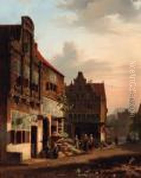 A View In A City With Villagers Conversing At A Grocery Oil Painting by Georg Andries Roth