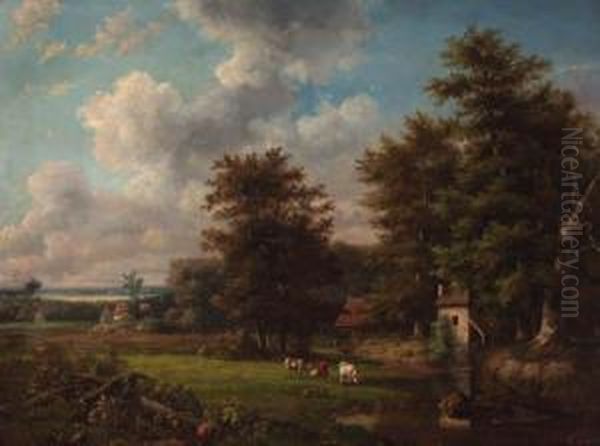 Panoramic Landscape With Cattle By A Stream Oil Painting by Georg Andries Roth