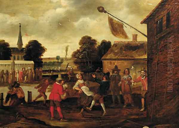 Peasants making merry in a village square Oil Painting by Cornelis Droogsloot