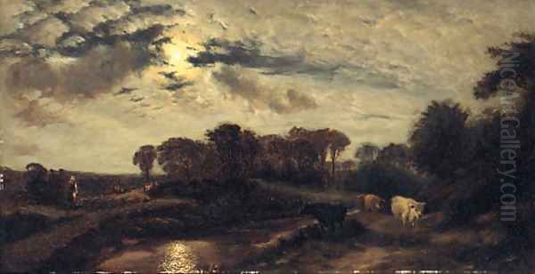 Cattle in a moonlit River Landscape Oil Painting by Henry William Banks Davis