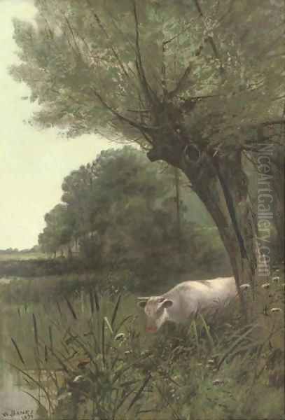 A cow watering at a wooded pool Oil Painting by Henry William Banks Davis