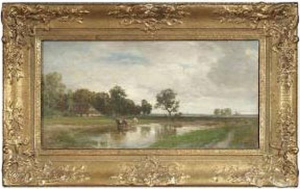 Bavarian Landscape With A 
Farmstead And Cows At A Stretch Of Water. In The Background Probably The
 Silhouette Of Munich Oil Painting by Philipp Roth