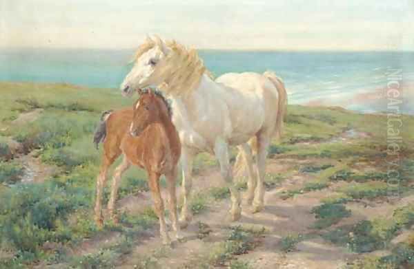 A mare and foal on a clifftop Oil Painting by Henry William Banks Davis