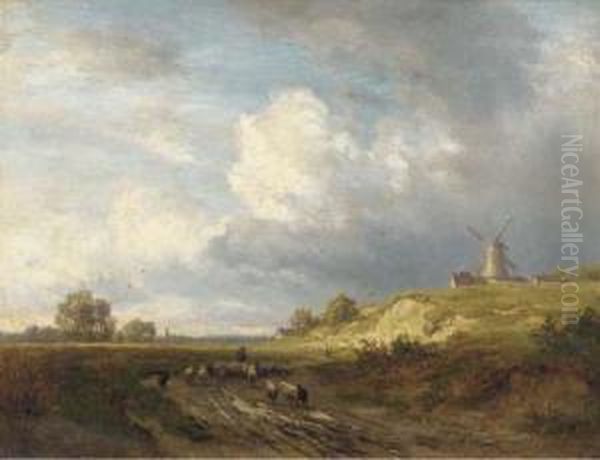 A Shepherd And Flock In A Dune Landscape Oil Painting by Philipp Roth