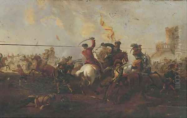 A cavalry skirmish Oil Painting by Simon Johannes van Douw