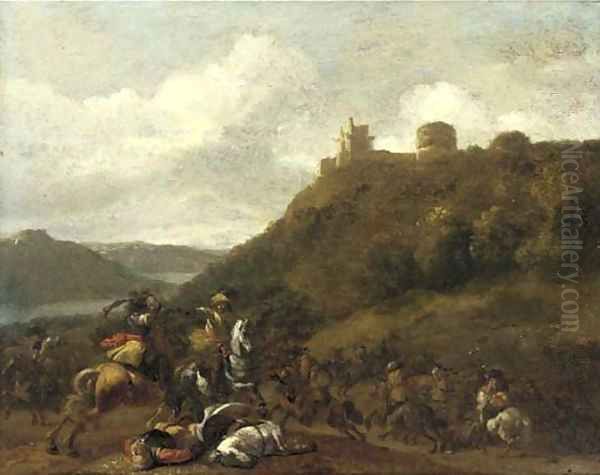 A cavalry skirmish before a hilltop fort Oil Painting by Simon Johannes van Douw