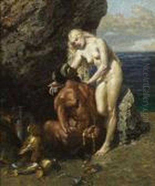 Faun Und Nymphe In Einer Felsengrotte Oil Painting by Alexander Rothaug