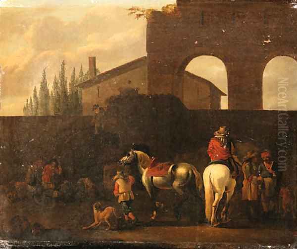 Huntsmen departing from the Courtyard of a Villa Oil Painting by Simon Johannes van Douw