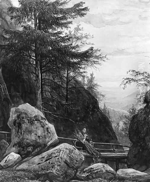 A rocky wooded Slope with a Woman and Child crossing a Bridge Oil Painting by Jan Frederik Van Deventer