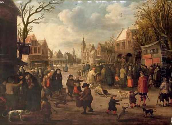 A village meeting with figures gathered in the street Oil Painting by Joost Corenlisz. Droogsloot