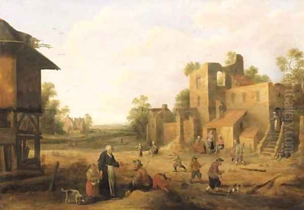 A village street with peasants and travellers Oil Painting by Joost Corenlisz. Droogsloot