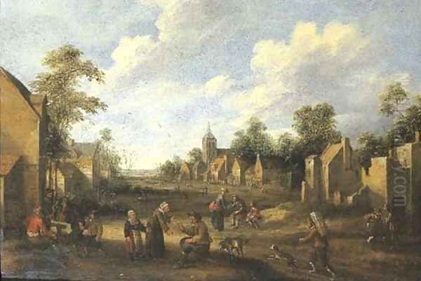 A village landscape with travellers and peasants in a street Oil Painting by Joost Corenlisz. Droogsloot