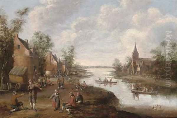 An extensive river landscape with peasants in a village, a church beyond Oil Painting by Joost Corenlisz. Droogsloot