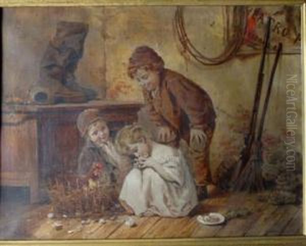 Children Playing With Chicks Oil Painting by Antonio Rotta