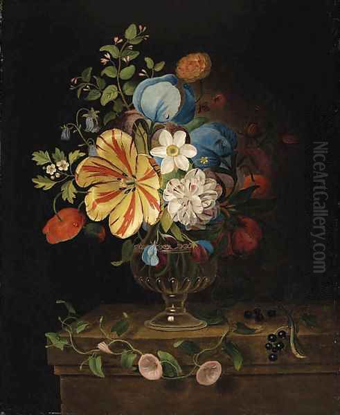 Flowers in a glass Vase with Blackcurrants on a Ledge by Martin Van Dorne