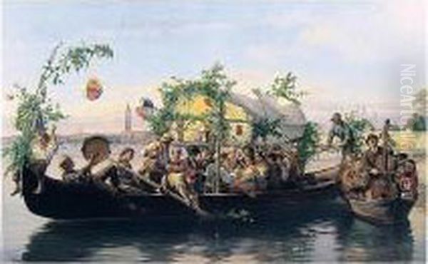 Una Festa Veneziana (a Venetian Water Fete) Oil Painting by Antonio Rotta