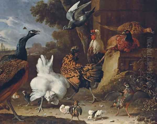 A cockerel, hens, chicks, a partridge, pheasants, a peacock and a pigeon by a wall in the park of a mansion Oil Painting by Melchoir D'Hondecoeter