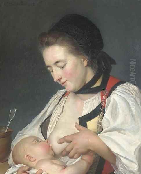 A Mother feeding her child Oil Painting by Nicolas Benjamin Delapierre