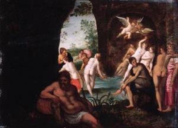 Actaeon Surprising Diana And Her Nymphs In A Grotto, A River God Inthe Foreground Oil Painting by Johann Rottenhammer