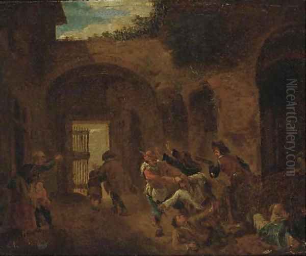 Peasants skirmishing in an alleyway Oil Painting by Andries Dirsksz