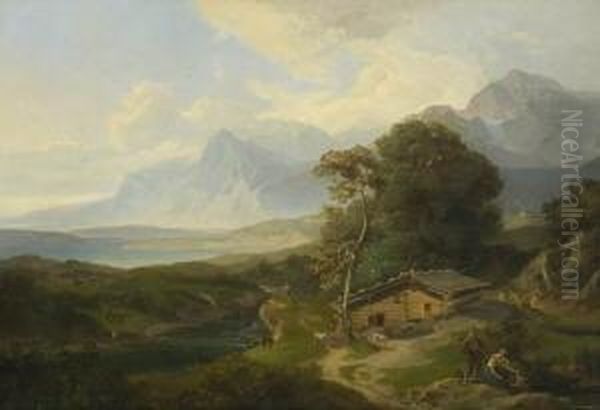 Gebirgslandschaft Mit Fluss Und Sennhutte. by Carl Rottmann