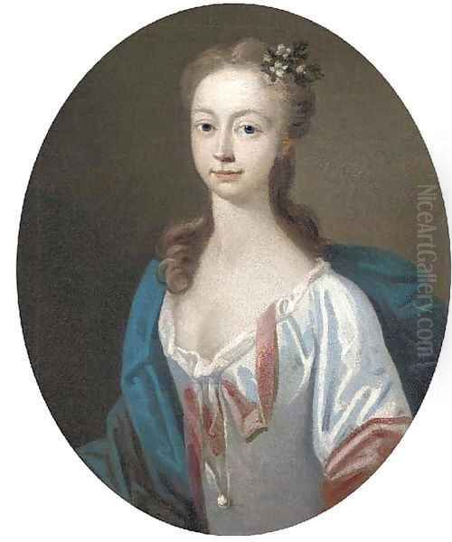 Portrait of a lady in a white dress and blue cape, feigned oval Oil Painting by Bartholomew Dandridge