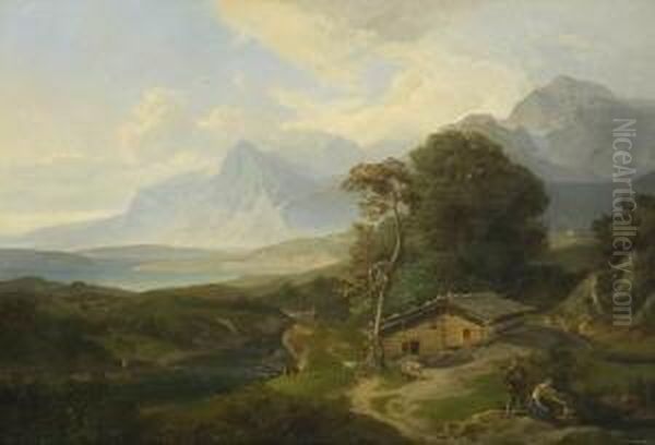 Gebirgslandschaft Mit Fluss Und Sennhutte. Oil Painting by Carl Rottmann