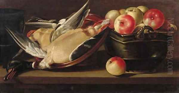 Apples in a basket with a dead duck in an earthenware bowl on a wooden ledge Oil Painting by Cornelis Jacobsz. Delff