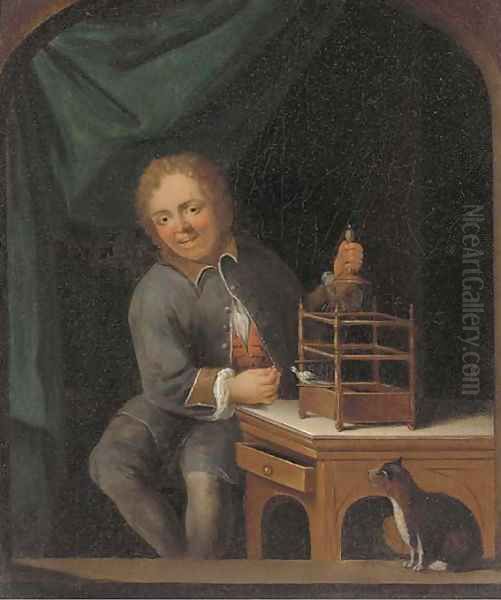 A figure in an alcove with a birdcage Oil Painting by Gerritt Dou