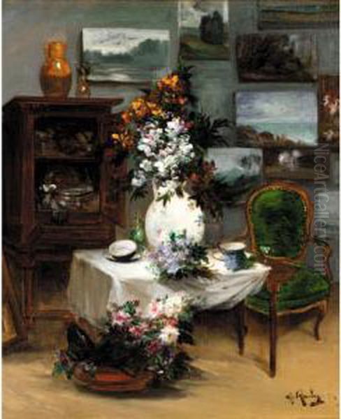 Interior With Flowers Oil Painting by Alfred Rouby