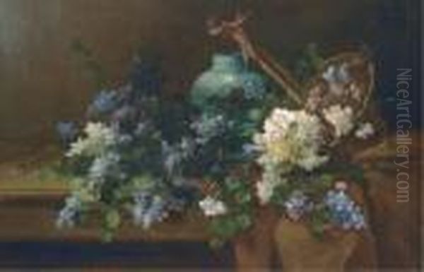 Carnations, Hyacinths And Other 
Summer Flowers Overflowing From A Basket By A Vase On A Draped Table Oil Painting by Alfred Rouby