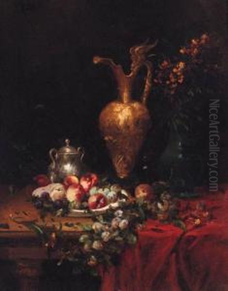 Brass And Silver Jugs Standing 
Next To An Overflowing Bowl Ofpeaches, Plums And Apples On A Table Oil Painting by Alfred Rouby