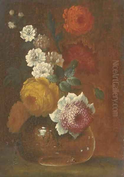 Peonies, chrysanthemums and other flowers in a glass vase on a table Oil Painting by Johann Baptist Drechsler