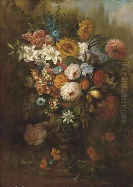 Roses, carnations, morning glory and other flowers in an urn on a ledge Oil Painting by Johann Baptist Drechsler